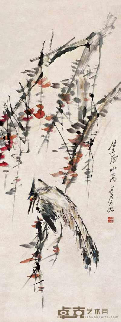 虚谷 寒鸟秋叶 立轴 135×51cm
